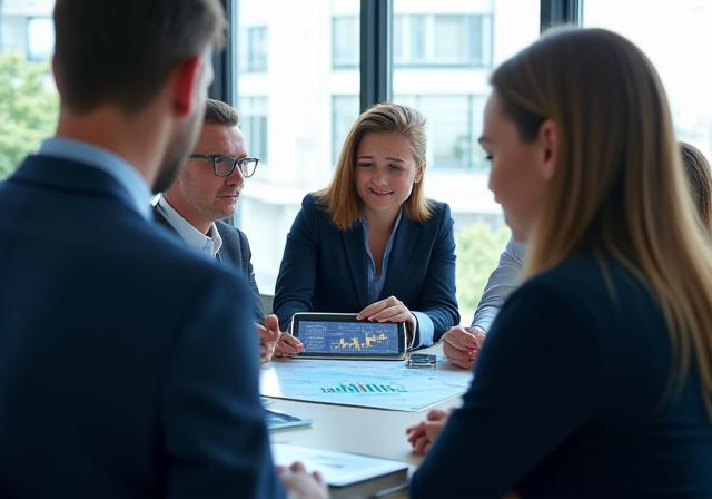 Financial consulting team discussing data