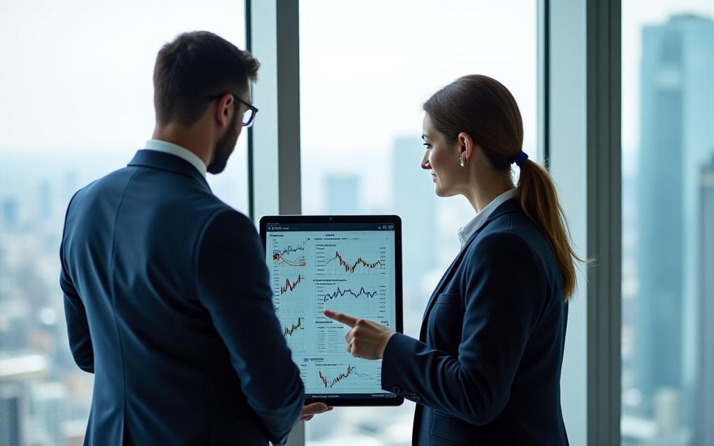 Financial analysts reviewing data on tablets in a modern high-rise office